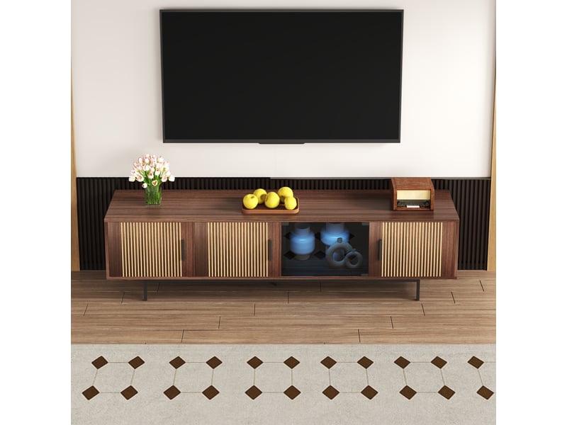  Meuble tv bas à façade sculptée – éclairage led et porte en verre trempé  - Conforama C