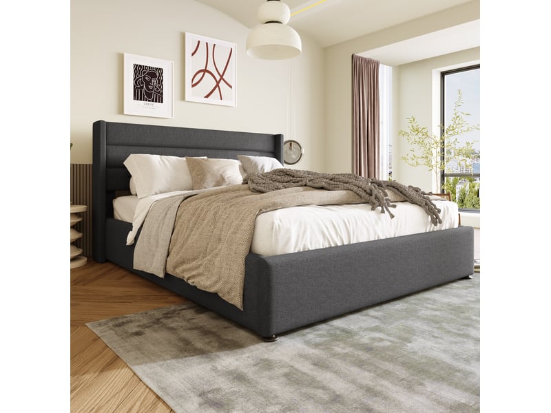  Lit coffre double hydraulique 140 x 200 cm gris en lin avec sommier à lattes  - Conforama C
