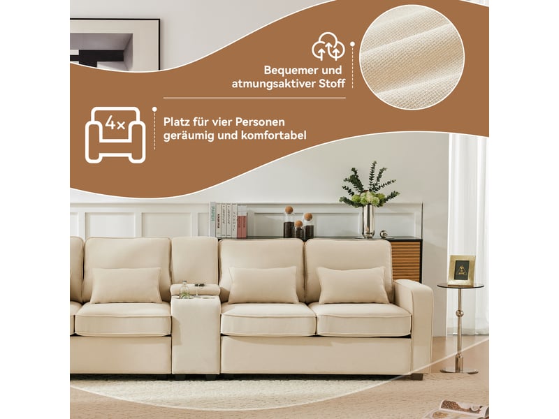 Canapé 4 places en tissu effet lin, avec console, 2 porte-gobelets, 2 ports usb, 4 coussins, 290×83×88 cm - Conforama E