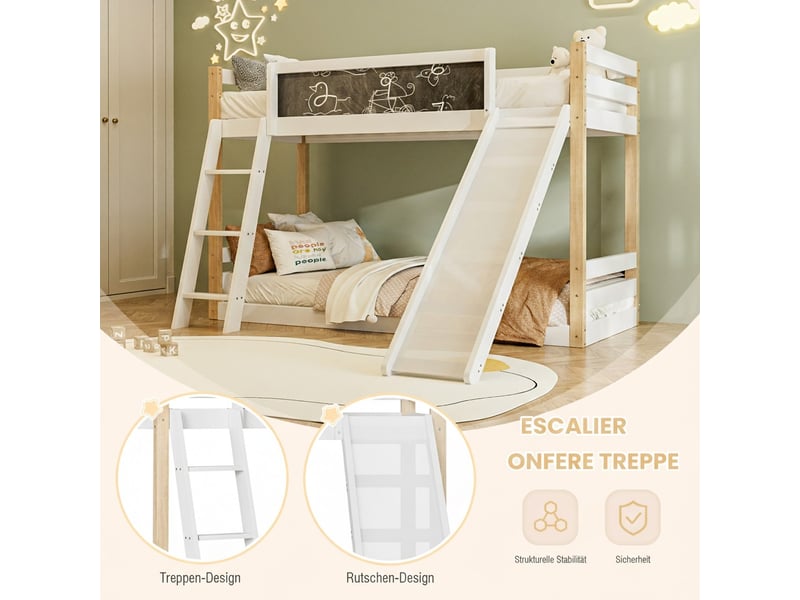 Lit superposé enfant, en velours, escalier, échelle, toboggan, blanc W2845S00155 - Conforama D