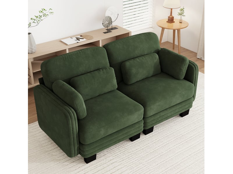 Canapé droit modulaire 2 places en chenille vert avec coussins lombaires et d’accoudoir - Conforama D