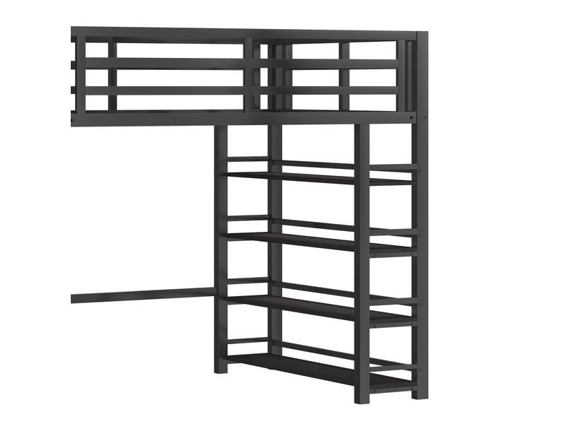 Lit mezzanine noir 140x200 cm en métal avec éclairage led, penderie, étagères et escalier avec rangements intégrés  - Conforama E