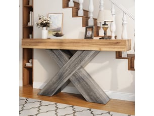 Console étroite à pieds en x – look bois, table d’appoint en panneau de particules, idéale pour couloir et salon