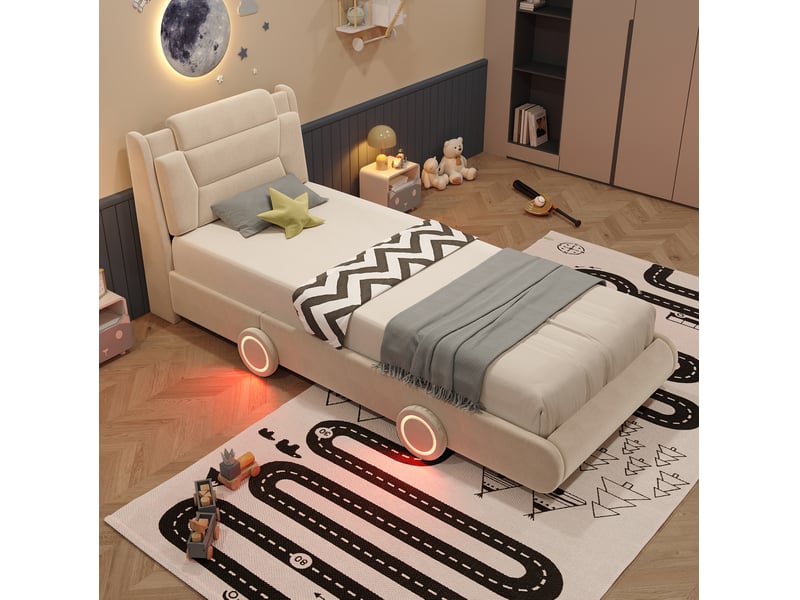  Lit simple enfant voiture 90x200 cm en velours beige crème, tête de lit réglable  - Conforama D