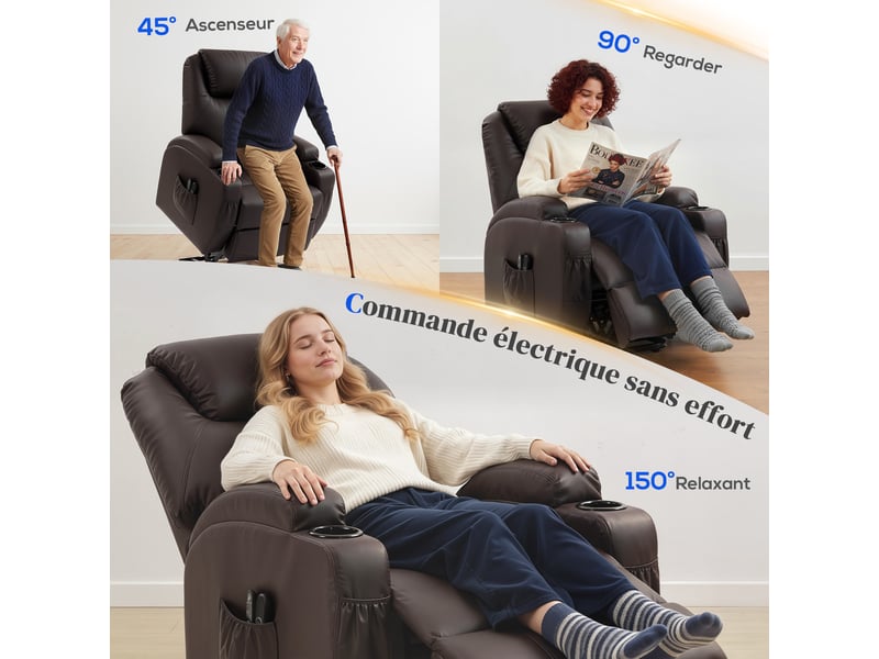  Fauteuil releveur électrique relax en pu avec port usb marron 83x95x107 cm  - Conforama D