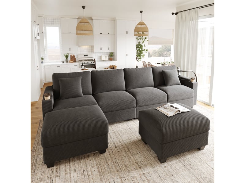 Canapé panoramique en u modulable 5-6 places avec couchage et usb - velours côtelé gris - Conforama C