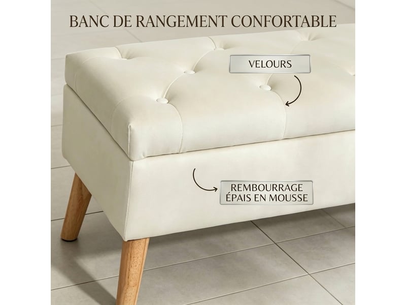  Banc de rangement en velours crème 80 cm avec coffre, pieds en bois, charge 120 kg  - Conforama D