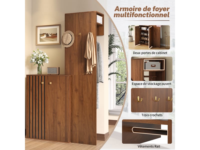 Armoire d’entrée compacte 115 x 38,5 x 191,5 cm avec rangement chaussures et penderie, meuble d’entrée, mdf, noyer  - Conforama R