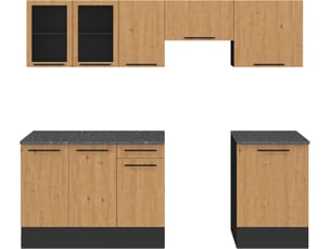 Cuisine complète 240 cm subtil avec vitrine + plan de travail 7 éléments noir et façon hêtre