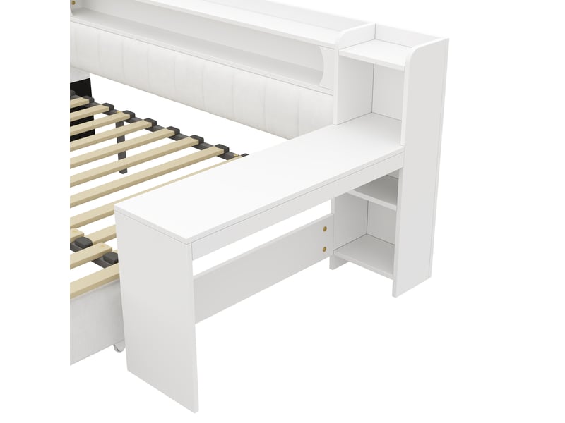  Lit gigogne 90x200 cm blanc avec bureau, étagères, usb et led 7 couleurs, extensible 180x200 cm, sans matelas  - Conforama D