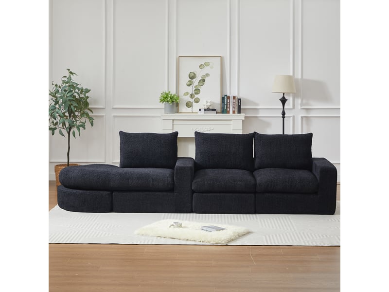  Canapé d’angle modulable en chenille, méridienne réversible, mousse haute densité, 3 coussins, sans montage - noir  - Conforama D