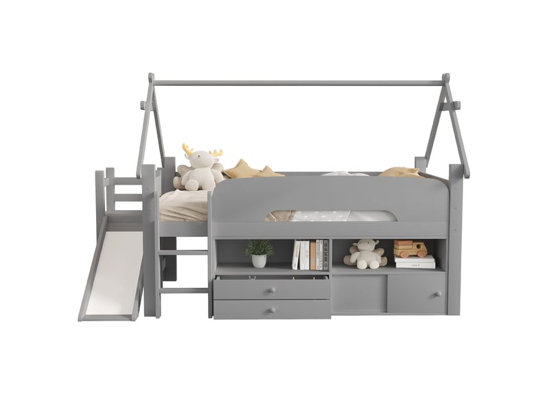 Lit mezzanine 90x200 cm, toboggan, rangements, cadre en bois forme maison, 2 tiroirs, gris, sécurisé - Conforama R