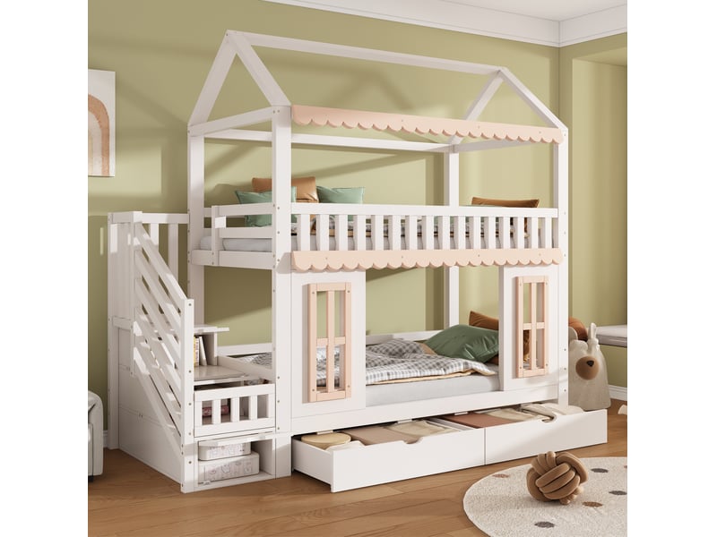  Lit superposé enfant 90x200 cm, lit cabane, escalier rangement, tiroirs, fenêtres, mdf, naturel et blanc, sans matelas  - Conforama B