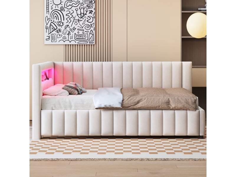  Canapé-lit rembourré 140x200 avec éclairage led et prise usb, lit de jour avec sommier à lattes et tête de lit, tissu velours, beige  - Conforama E