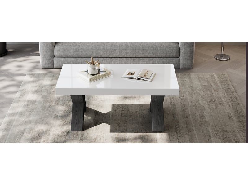  Table basse rectangulaire 100 x 50 x 40 cm avec plateau blanc brillant, pieds en x noirs, mdf  - Conforama D
