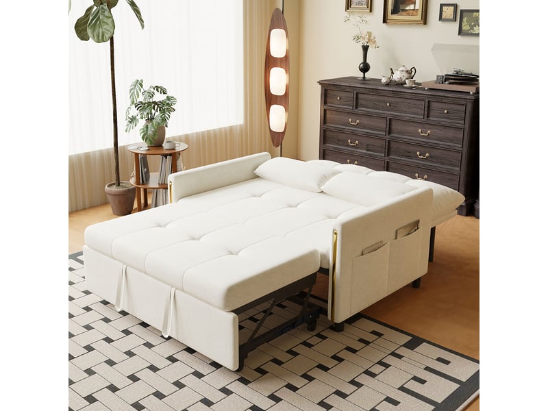 Canapé convertible 142x125x93 cm - extensible - 2 places - lit gigogne - rabattable - coussins inclus - chenille - assise confortable - blanc CozyNest - Conforama C