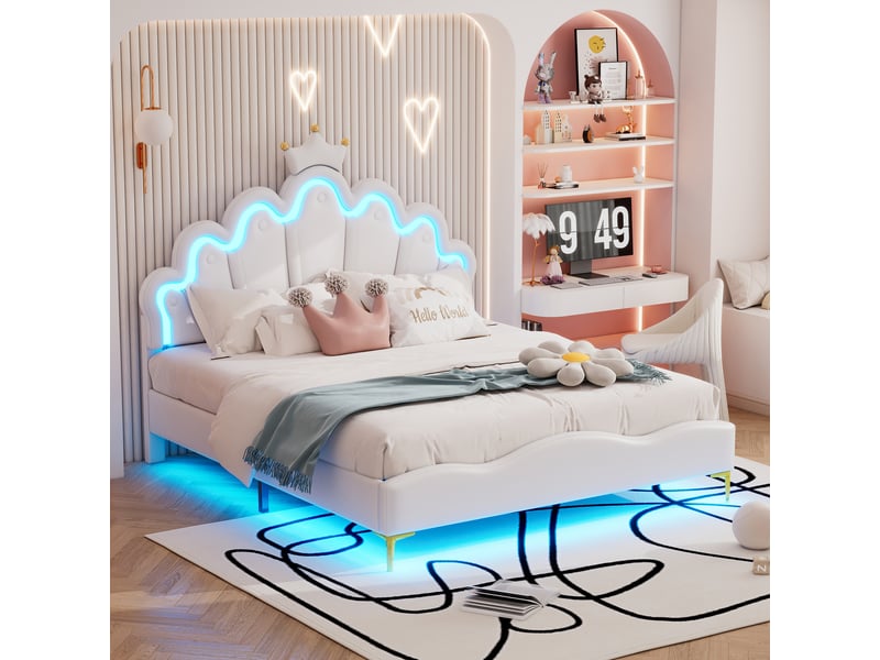 Lit enfant double 140x200 cm forme couronne avec led, similicuir, blanc, sans matelas - Conforama W