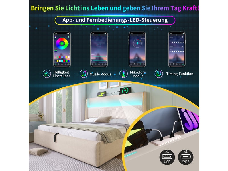  Lit hydraulique led tête de lit haute lin beige 180x200 cm rangement usb-c avec matelas  - Conforama D