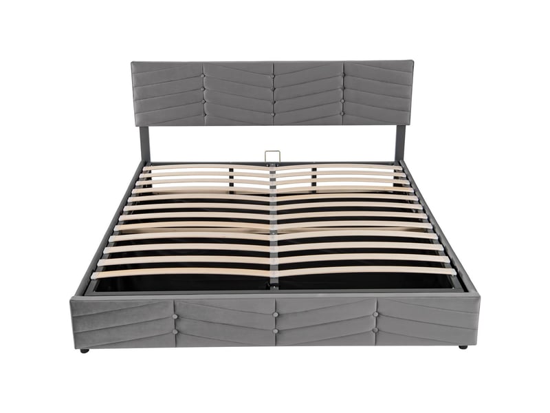  Lit coffre 180x200cm velours gris - lit rembourré - tête de lit réglable, rangement hydraulique, style rayé  - Conforama E