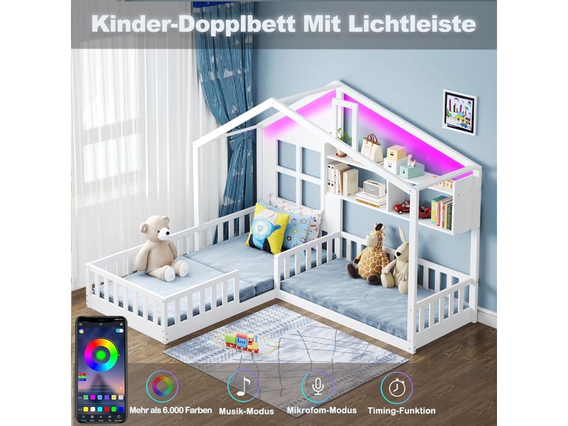  Lit rangement 90 x 200 cm étagères fenêtre éclairage led coffre en bois massif barrière de sécurité blanc  - Conforama D