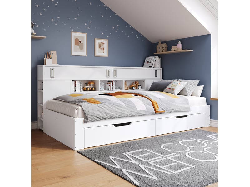  Lit jeune 140x190 cm, avec 2 tiroirs, placard coulissant et étagères réglables, en mdf, couleur blanc, sans matelas  - Conforama B