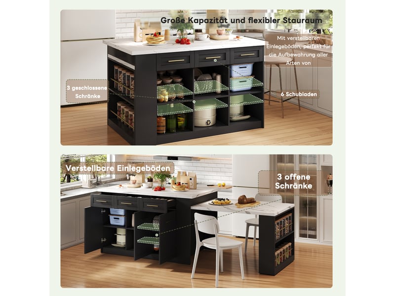  Desserte de cuisine avec 6 tiroirs, 6 compartiments, étagères réglables et table escamotable pour cuisine 150×90×90 cm  - Conforama E
