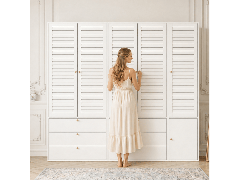  Armoire 5 portes à lamelles avec 6 tiroirs et 3 tringles pour chambre en panneaux de particules blanc 225 × 50 × 200 cm  - Conforama D