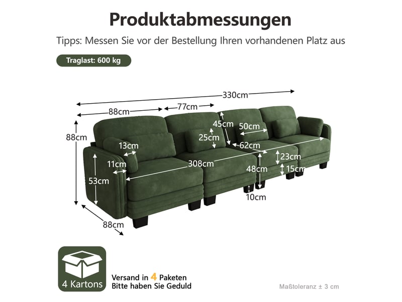  Canapé droit modulable 4 places 330x88x88 cm en chenille vert avec coussins  - Conforama C