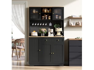 Buffet haut vitrine 103,5x40x180 cm, portes vitrées, tablettes réglables, panneau perforé, aggloméré noir