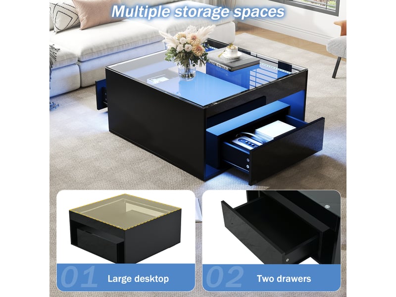  Table basse avec 2 tiroirs, niche ouverte et led pour salon 70×70×35 cm en mdf et verre noir  - Conforama C