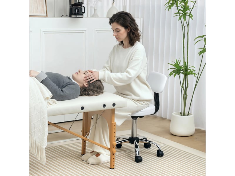 Tabouret pivotant blanc avec dossier et roulettes pour salon de beauté ou studio de tatouage hauteur réglable - Conforama B