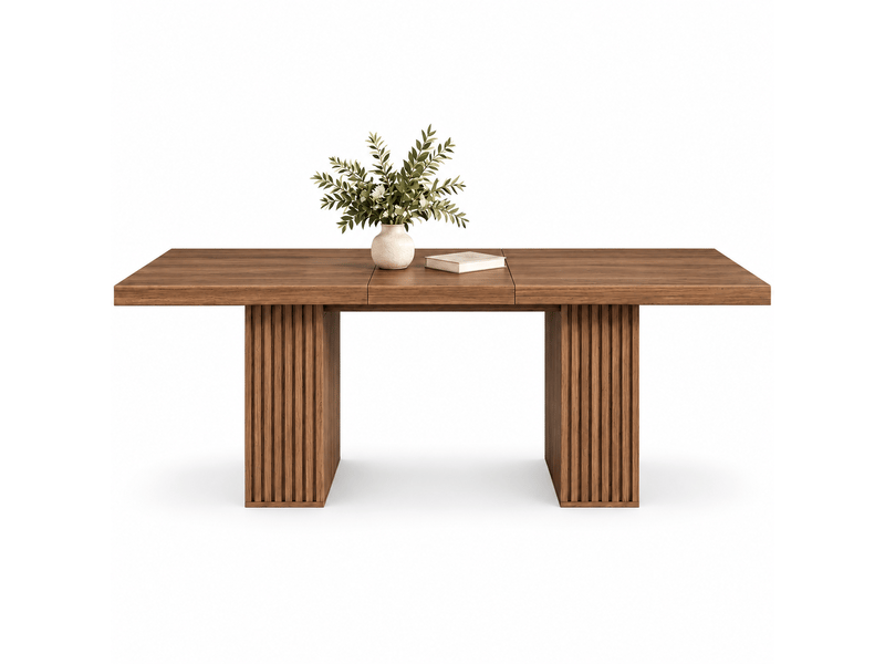  Table à manger extensible 150-190x90x75cm pour 6 à 8 personnes, 2 rangements intégrés, plateau épais, pieds rainurés, style scandinave, noyer  - Conforama A