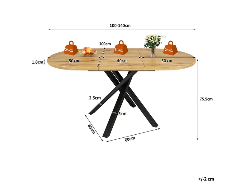  Table à manger extensible effet bois 100-140cm, ronde à ovale, piètement métal en x stable et pieds réglables  - Conforama B