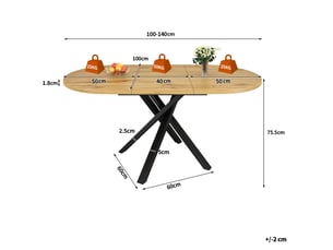 Table à manger extensible effet bois 100-140cm, ronde à ovale, piètement métal en x stable et pieds réglables