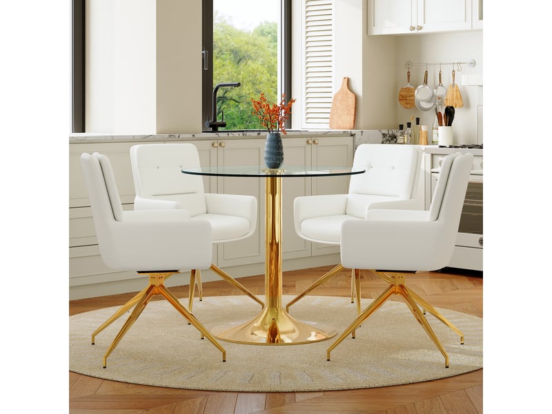  Ensemble table ronde et 4 chaises pivotantes, table ronde en verre trempé diamètre 85 cm, blanc et doré, salle à manger  - Conforama E
