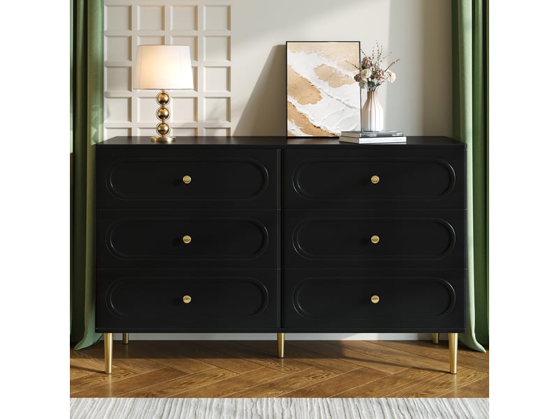 Buffet bahut salon 120x40x75 cm, commode 6 tiroirs avec façades ovales, pieds métal, grand rangement - noir - Conforama B