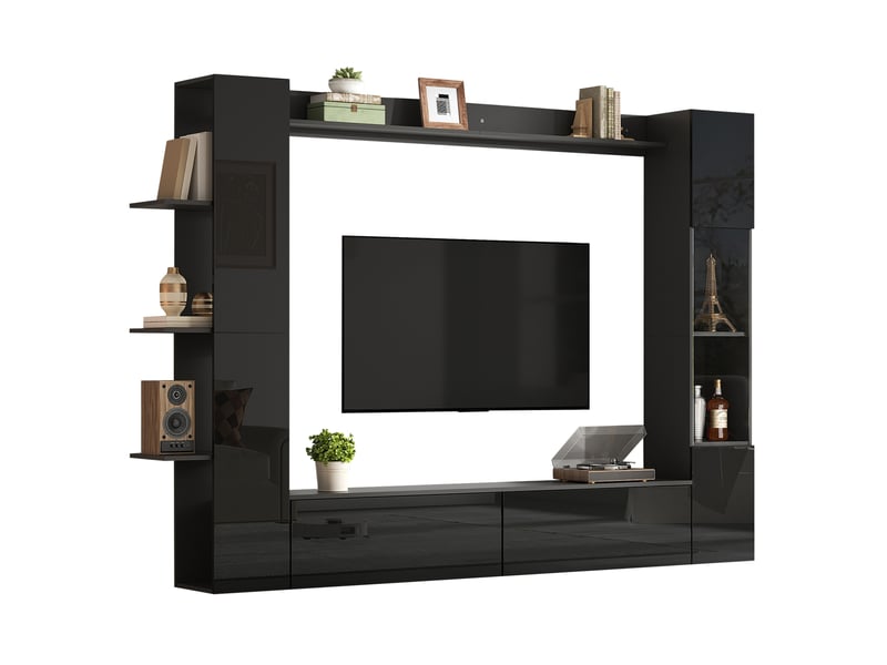  Meuble tv mural 4 pièces 245x30x170 cm, design moderne et compact, portes de rangement, pour salon, mdf, coloris noir  - Conforama A