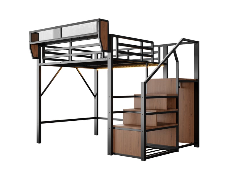  Lit mezzanine enfant 140x200 cm – noir – led multicolore, étagères flexibles et échelle - sans matelas  - Conforama D