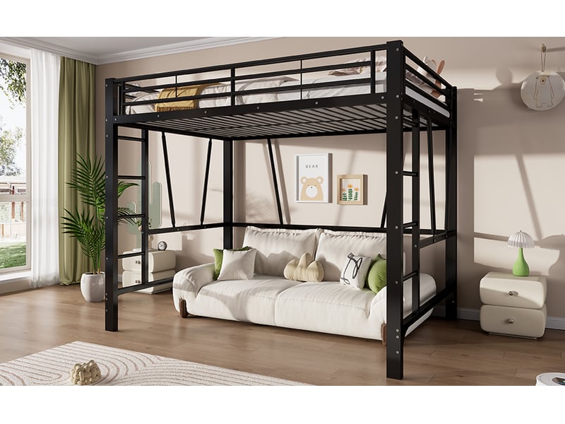  Lit mezzanine 140 x 200 cm avec deux échelles latérales et barrières de sécurité autour du couchage supérieur, métal, noir Morn Vibe - Conforama B
