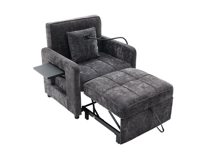  Fauteuil convertible 2 en 1, dossier réglable 5 positions, chenille gris foncé  - Conforama A