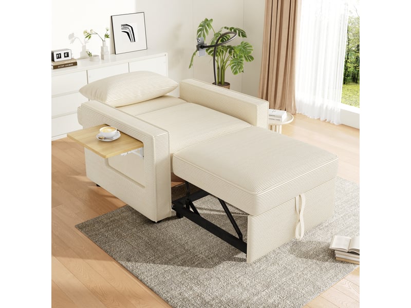  Canapé fauteuil convertible 1 place avec fonction lit, dossier réglable, support téléphone 360°, ports usbtype-c, table d’appoint, poches de rangement, tissu côtelé - beige  - Conforama E