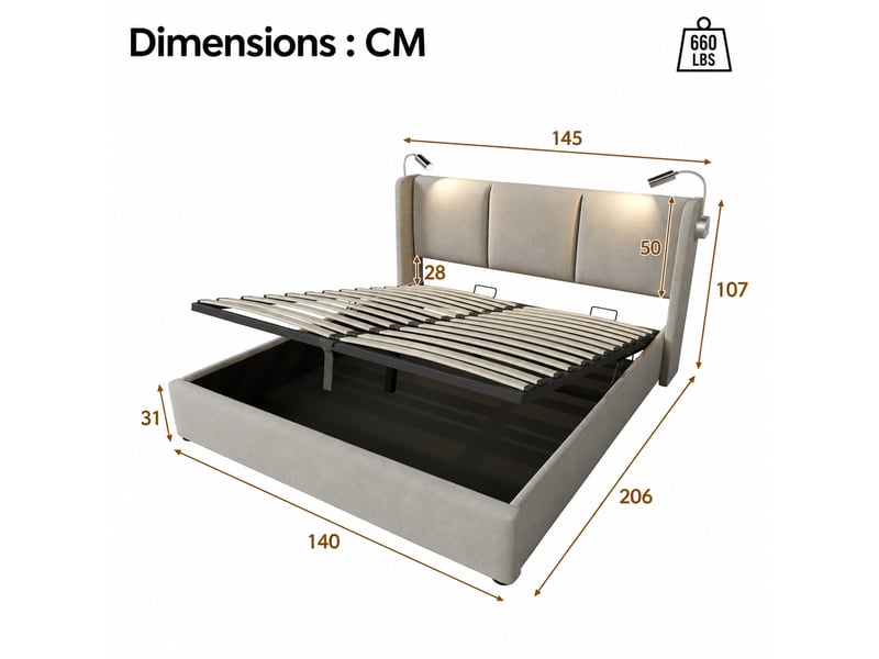  Lit coffre rembourré en lin avec lampe de lecture et usb, beige, 140 x 200 cm  - Conforama C
