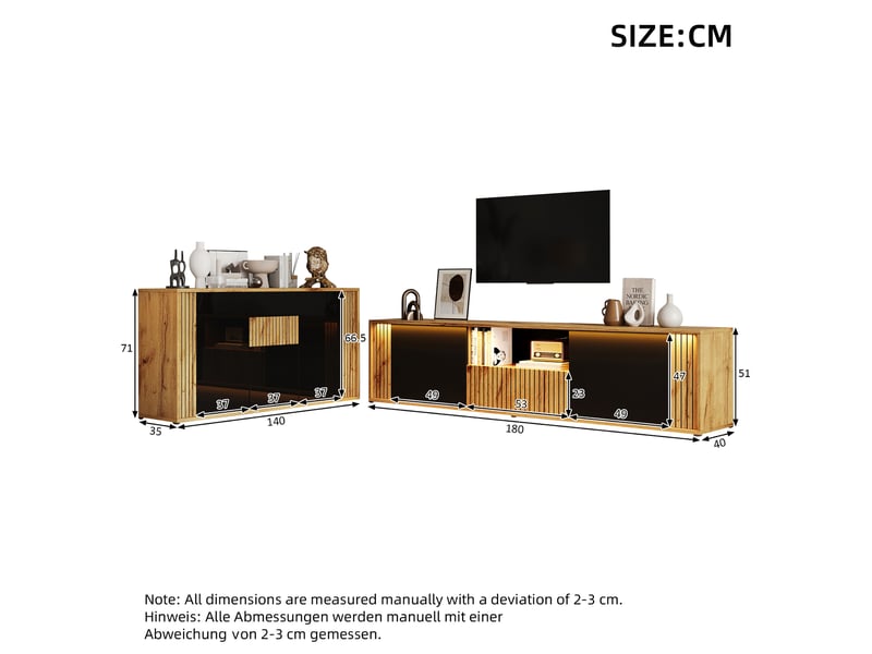  Ensemble 2 pièces bicolore noirnaturel, meuble tv 180×40×51 cm et buffet 140×35×71 cm, en mdf et aggloméré, avec led  - Conforama D