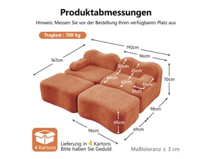 Canapé modulaire 2 places en velours orange avec deux poufs, mousse haute densité 32d, assise profonde pour salon et appartement
