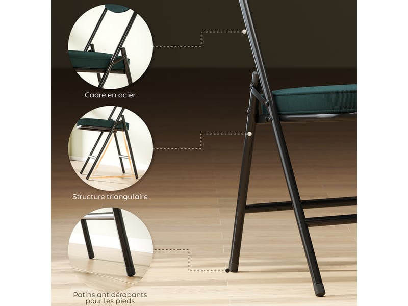  Lot de 4 chaises pliantes chaises de salle à manger portables avec assises et dossiers rembourrés en côtelé velours bleu  - Conforama R