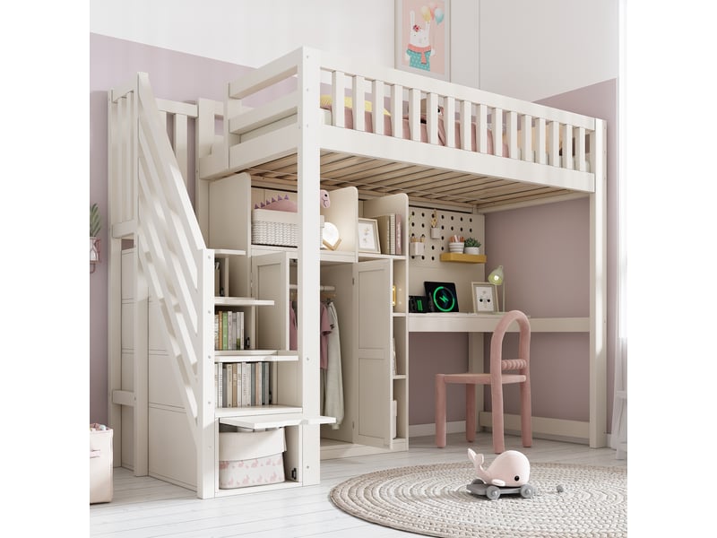  Lit mezzanine enfant 90x200 cm avec bureau, armoire, escalier avec rangements, étagères, 2 prises, usb et usb-c, sommier à lattes, blanc  - Conforama B