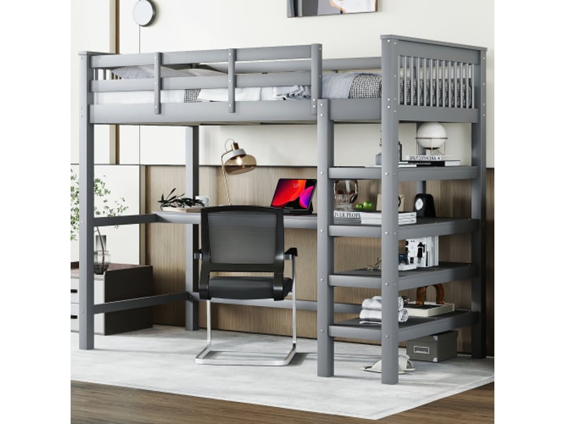  Lit mezzanine 90x200 cm, lit enfant avec rangements et bureau sous le lit, en bois, gris, sans matelas  - Conforama B
