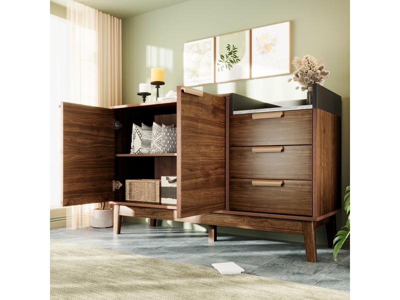  Commode 120x40x77 cm effet chêne foncé, 3 tiroirs et placard 2 portes  - Conforama C