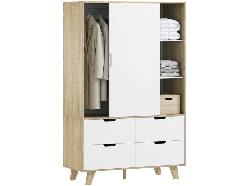  Armoire 2 portes coulissantes 4 tiroirs mdf coloris chêne et blanc 120 x 50 x 187,5 cm  - Conforama B