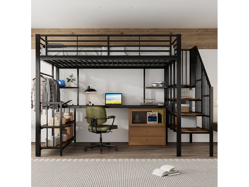 Lit mezzanine 120x200 cm noir et noyer foncé avec escalier, rangement et port de charge - Conforama B